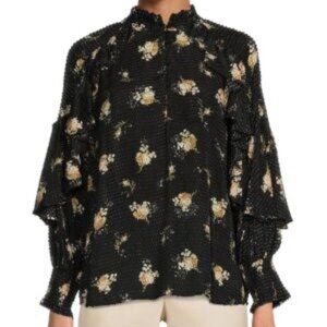 Maje Floral Ruffle Sleeve Top Size 2(M US) Black